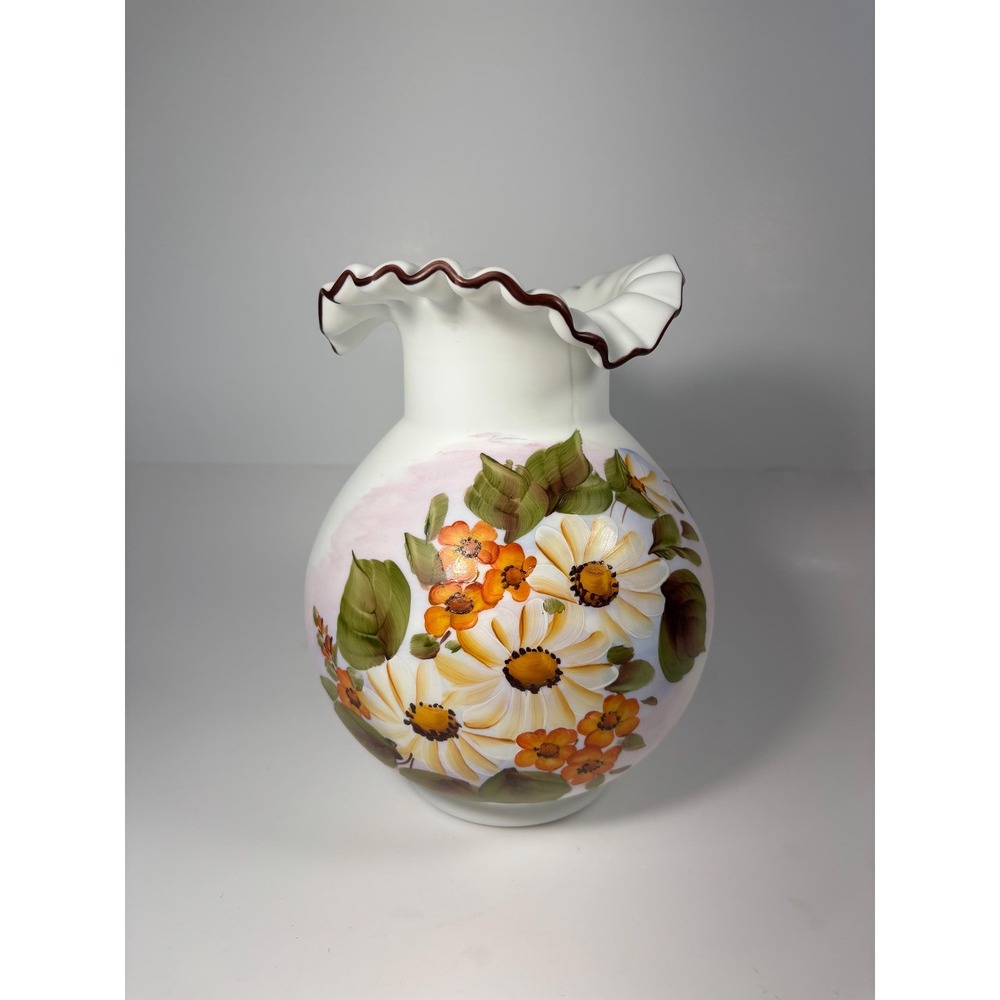 Vtgmosser White Hand Painted Floral Vase Signed Ruffled Edge
